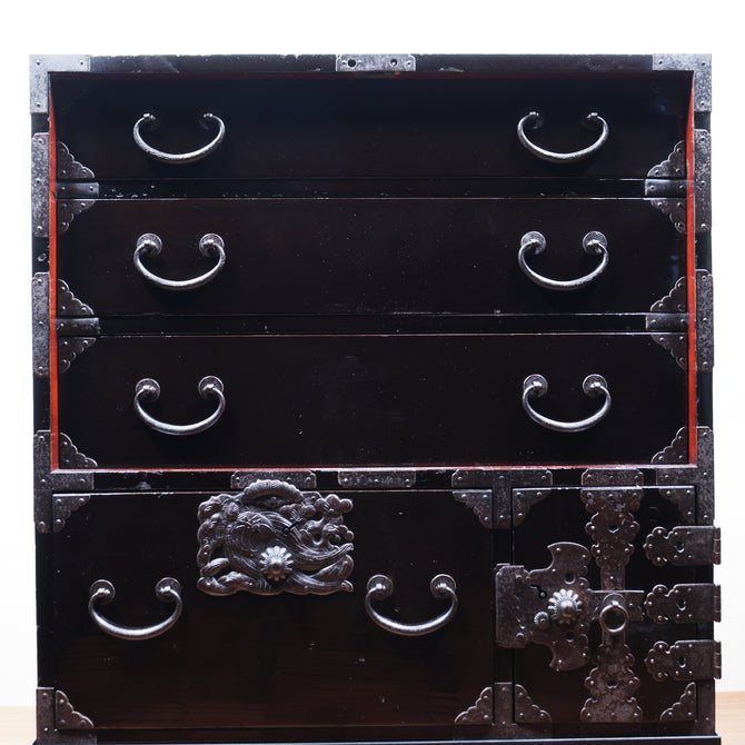 時代箪笥／黒塗庄内閂付小箪笥　スタンド付き【Small chest with metal stand】 [j1205]　Japanese Antique Furniture