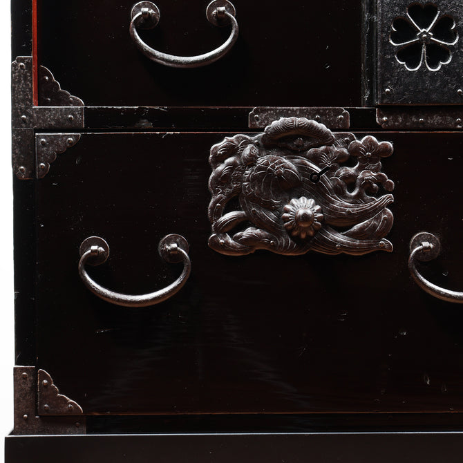時代箪笥／黒塗庄内閂付小箪笥　スタンド付き【Small chest with metal stand】 [j1205]　Japanese Antique Furniture