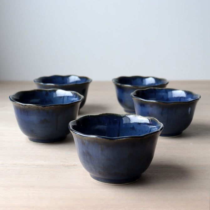 瑠璃釉山水図向付五客　【Blue glazed MUKOUZUKE 5pcs】[p0356]