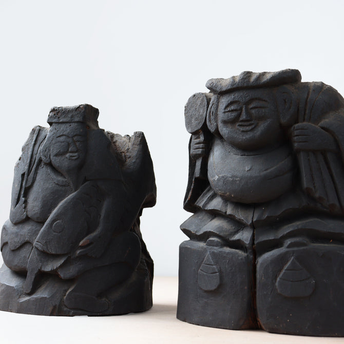 木彫 恵比寿様大黒様【EBISU and DAIKOKU wood statue 】 [s1490]