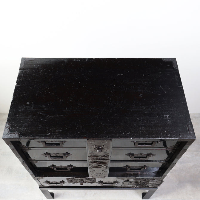 時代箪笥／黒塗庄内閂付小箪笥　スタンド付き【Small chest with metal stand】 [j1222]　Japanese Antique Furniture