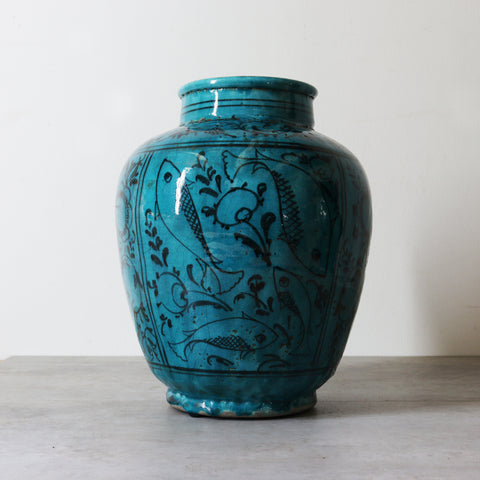 ペルシャ青釉草花魚紋壺【 Persian pot 】 [k0599]