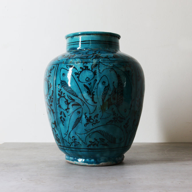 ペルシャ青釉草花魚紋壺【 Persian pot 】 [k0599]