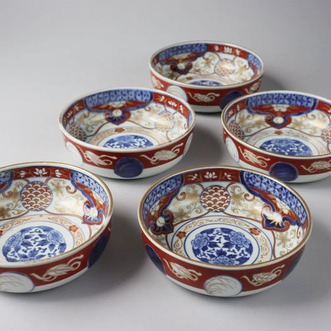 古伊万里赤絵春寒鉢　五客揃い　[p0333]【Old IMARI bowl 5pcs.】