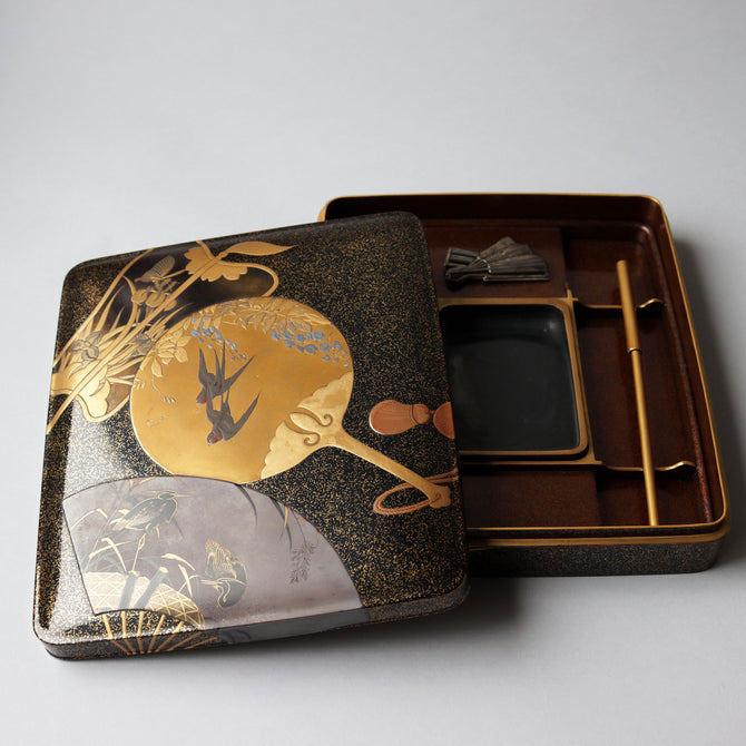 團扇蒔絵御硯箱[k0584]【Lacuerd SUZURIBAKO-inkstone box design of fans 】
