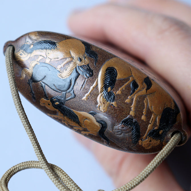 馬尽くし漆絵蒔絵印籠【INRO (Medicine case) with horse design】[k0604]
