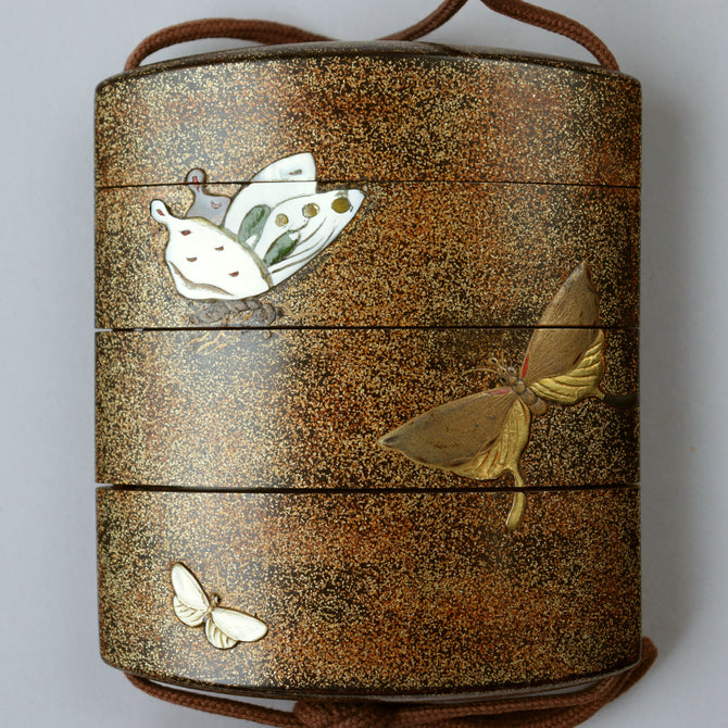彫漆白蝶貝象嵌印籠【INRO (Medicine case) with Flower and Butterfly design 】[k0606]