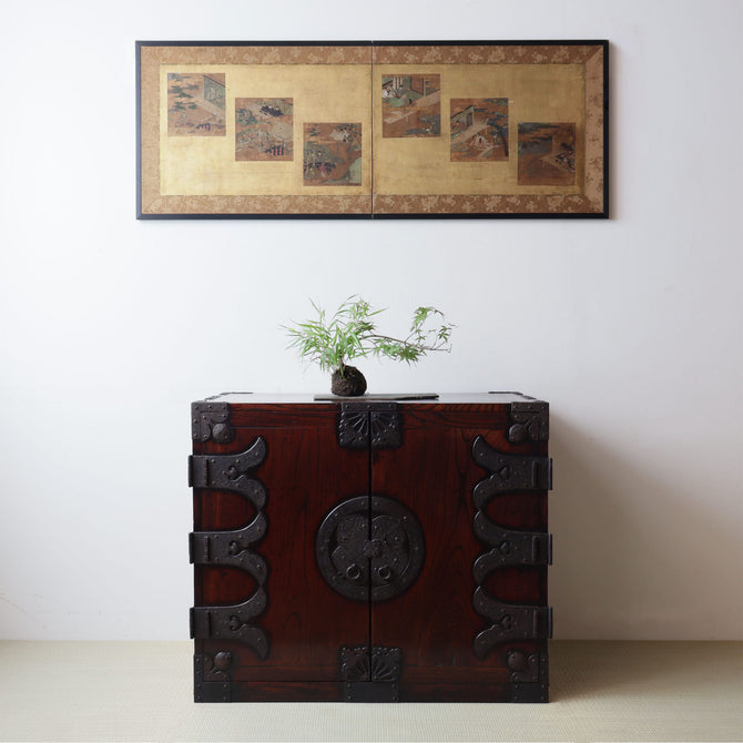 色紙貼交金枕屏風【Small golden folding screen】　[k0586]