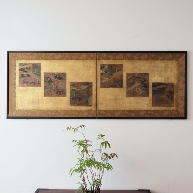 色紙貼交金枕屏風【Small golden folding screen】　[k0586]