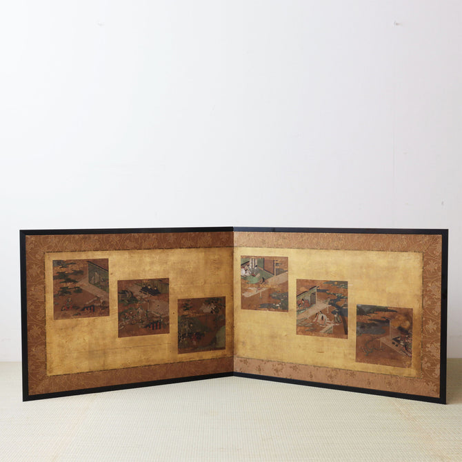 色紙貼交金枕屏風【Small golden folding screen】　[k0586]