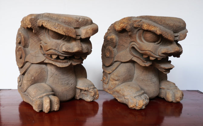 〈一対〉木鼻 獅子阿吽像【Chinese lion Kibana, temple and shrine exterior】 [k0419]