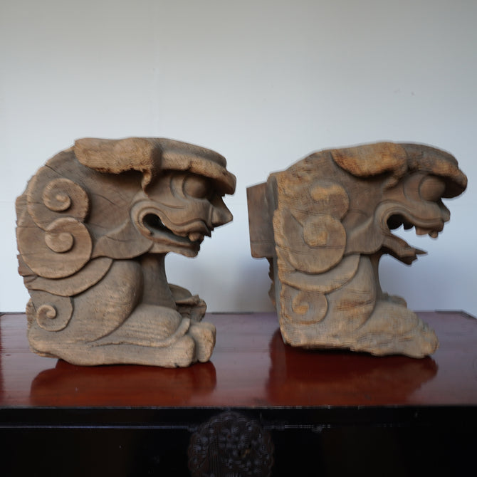 〈一対〉木鼻 獅子阿吽像【Chinese lion Kibana, temple and shrine exterior】 [k0419]