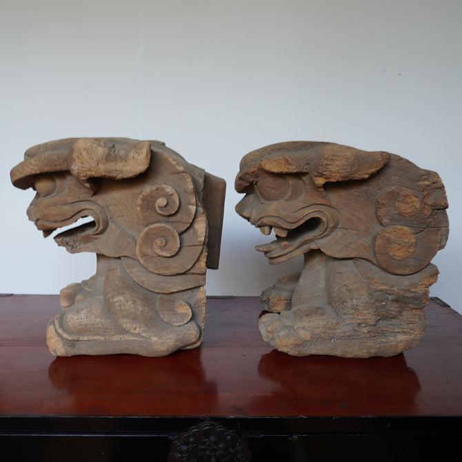 〈一対〉木鼻 獅子阿吽像【Chinese lion Kibana, temple and shrine exterior】 [k0419]