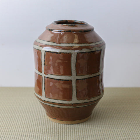 濱田晋作/柿釉格子描花瓶【 Mashiko vase by Shinsaku Hamada 】 [k0432]